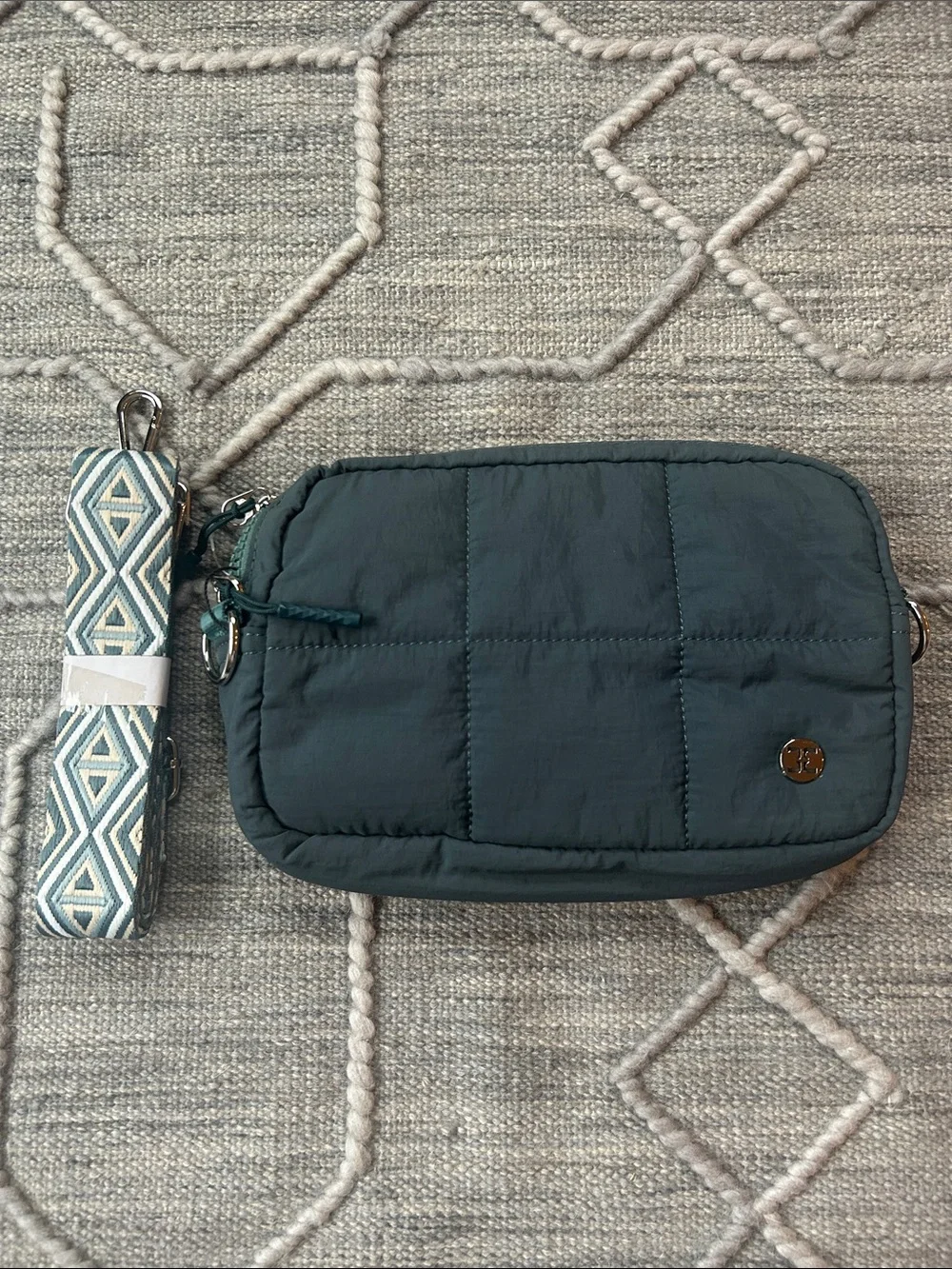 Authentic Telena Quilted Nylon Crossbody Bag in Teal Blue w Patterned Strap-NWT